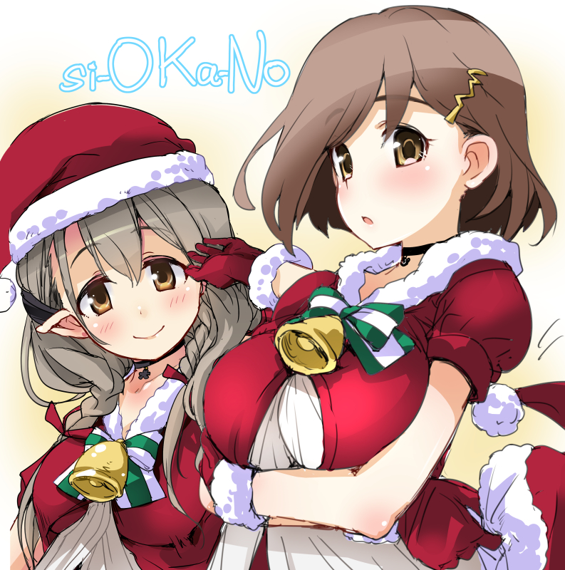 2girls, bad_id, bad_twitter_id, bell, black_collar, blush, bow, bowtie, braid, breasts, brown_eyes, brown_hair, capelet, cleavage, closed_mouth, collar, collarbone, dress, female_focus, grey_hair, hair_ornament, hairclip, hat, hirowa_nagi, holding, holding_unworn_clothes, holding_unworn_hat, indie_virtual_youtuber, kusunoki_shio, kusunoki_shio_(channel), large_breasts, long_hair, looking_at_viewer, makanon_channel_(kari), masaki_kanon, medium_breasts, multiple_girls, open_mouth, parted_lips, pointy_ears, santa_costume, santa_hat, short_hair, simple_background, sketch, smile, twin_braids, unworn_hat, unworn_headwear, upper_body, virtual_youtuber, white_background, white_dress