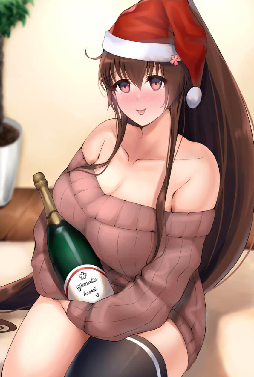 1girl, absurdres, ayuko91, black_thighhighs, bottle, breasts, brown_hair, collarbone, female_focus, hat, highres, holding, holding_bottle, indoors, kantai_collection, large_breasts, long_hair, off_shoulder, ponytail, red_hat, santa_hat, sidelocks, single_thighhigh, sitting, solo, sweater, thighhighs, tongue, tongue_out, very_long_hair, yamato_(kancolle)
