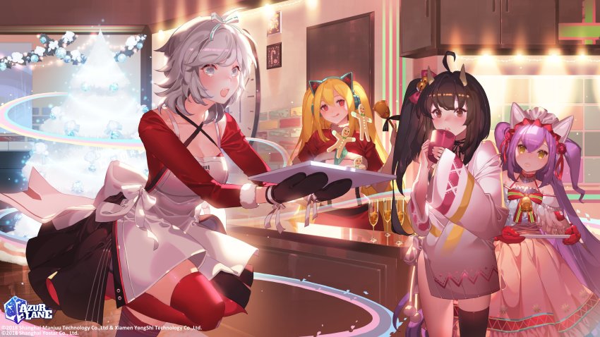 4girls, absurdres, alternate_costume, animal_ear_headphones, animal_ears, apron, azur_lane, bell, blonde_hair, blush, bow, breasts, brown_eyes, brown_hair, cat_ear_headphones, cat_ears, christmas, cleavage, concord_(azur_lane), concord_(sweet_christmas)_(azur_lane), cup, dewey_(a_christmas_thank-you)_(azur_lane), dewey_(azur_lane), fake_animal_ears, fangs, food, gingerbread_man, gloves, grey_eyes, grey_hair, hair_bell, hair_between_eyes, hair_bow, hair_ornament, hair_ribbon, head_tilt, headphones, highres, holding, holding_cup, holding_tray, horns, isuzu_(azur_lane), isuzu_(cozy_christmas_eve)_(azur_lane), large_breasts, long_hair, long_sleeves, looking_at_viewer, medium_breasts, multiple_girls, off_shoulder, official_art, open_mouth, orange_sekaii, purple_hair, red_eyes, ribbon, seattle_(azur_lane), seattle_(christmas_party_prep)_(azur_lane), short_hair, side_ponytail, skirt, smile, star-shaped_pupils, star_(symbol), suspender_skirt, suspenders, symbol-shaped_pupils, thighhighs, tongue, tongue_out, tray, twintails, two_side_up, yellow_eyes