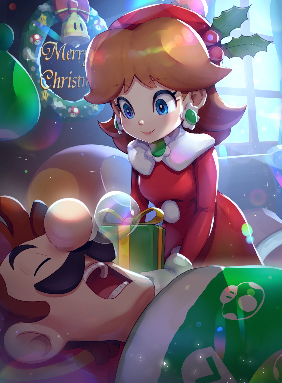 1boy, 1girl, 2019, alternate_costume, blue_eyes, brown_hair, christmas, facial_hair, gonzarez, highres, luigi, mario_(series), mario_kart, mario_kart_tour, mushroom, nintendo, princess_daisy, princess_daisy_(holiday_cheer), santa_costume, short_hair, sleeping, smile, sparkle, super_mario_bros._1, super_star_(mario), window
