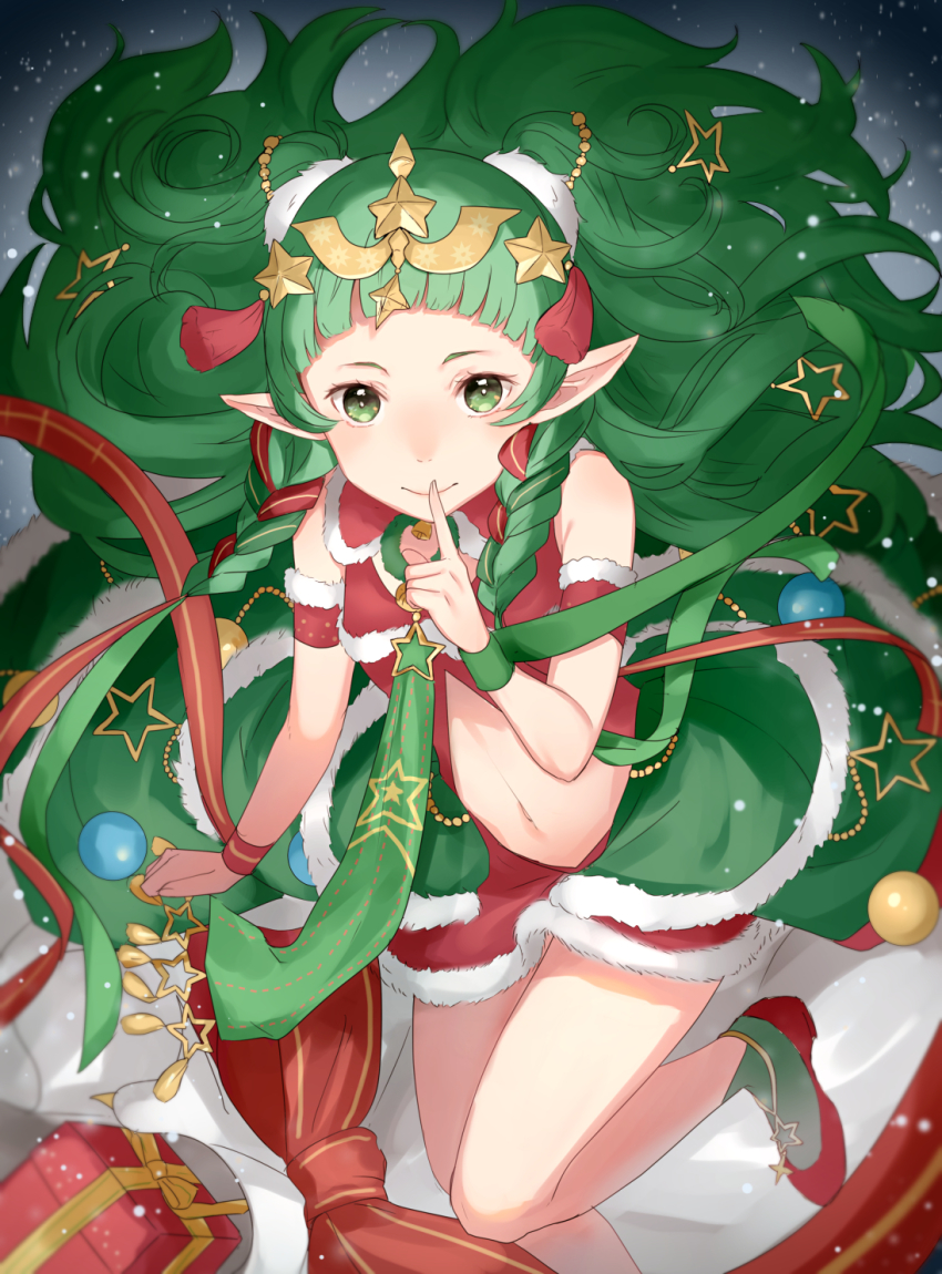 1girl, bad_id, bad_twitter_id, box, braid, christmas_ornaments, closed_mouth, dress