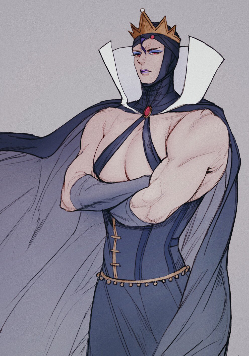 1boy, breasts, cape, chiamo_(lmc_clm), cosplay, crossdressing, crossdressing_(mtf), crown, disney, elbow_gloves, gloves, highres, jojo_no_kimyou_na_bouken, kars_(jojo), purple_hair, queen_grimhilde, queen_grimhilde_(cosplay), red_eyes, snow_white_(fairy_tale), solo