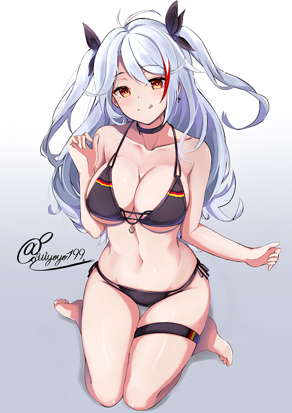 1girl, antenna_hair, azur_lane, barefoot, bikini, black_bikini, black_choker, breasts