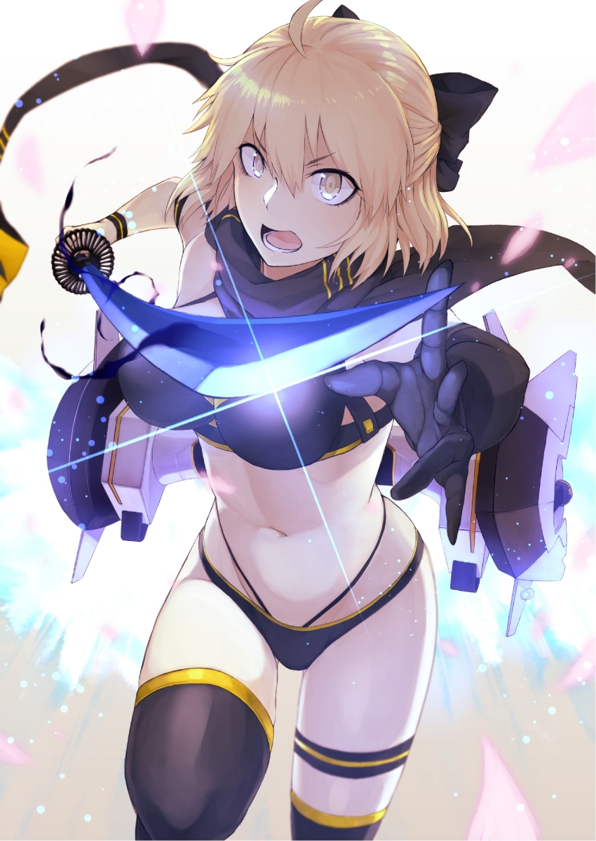 1girl, ahoge, bikini, black_bikini, black_bow, black_gloves, black_scarf, black_thighhighs