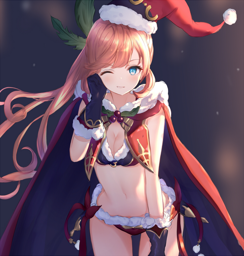 1girl, bare_shoulders, bikini, black_gloves, blue_eyes, breasts, brown_hair, cape