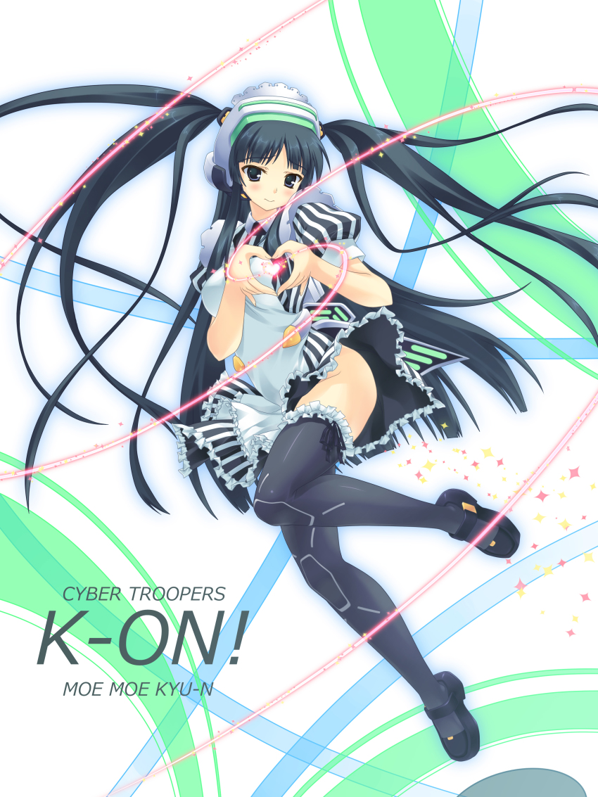 1girl, absurdres, akiyama_mio, alternate_costume, aoi_sora-maru, apron, black_eyes, cosplay, enmaided, fei-yen, fei-yen_(cosplay), female_focus, frilled_thighhighs, frills, headset, heart, heart_hands, highres, k-on!, legs, long_hair, maid, maid_apron, moe_moe_kyun!, parody, solo, striped, thighhighs, twintails, virtual_on