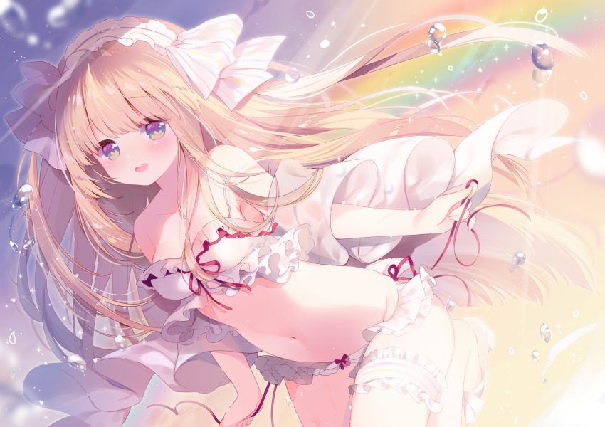 1girl, :d, ame_usari, arched_back, bare_shoulders, bemani, blonde_hair, bow, bow_panties, breasts, commentary_request, female_focus, frilled_hairband, frilled_thigh_strap, frills, hair_bow, hairband, highres, kougei_ciel_nana, long_hair, medium_breasts, navel, open_mouth, panties, purple_eyes, rainbow, red_ribbon, ribbon, round_teeth, side-tie_panties, smile, solo, sound_voltex, sparkle, striped_bow, teeth, thigh_strap, underwear, upper_teeth_only, very_long_hair, water_drop, white_bow, white_panties
