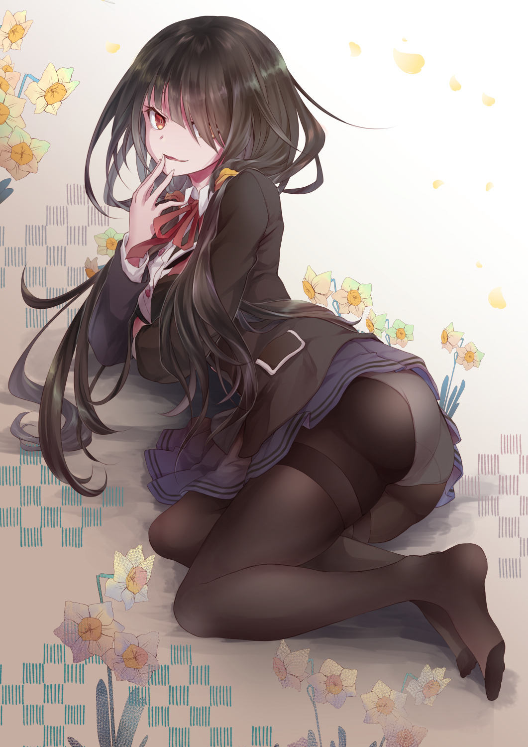 1girl, :d, arm_under_breasts, ass, black_hair, black_jacket, black_pantyhose, blazer