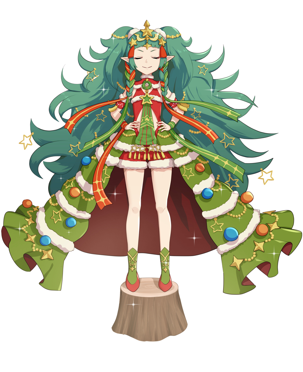 1girl, armband, bare_legs, big_hair, braid, christmas, christmas_lights, christmas_tree