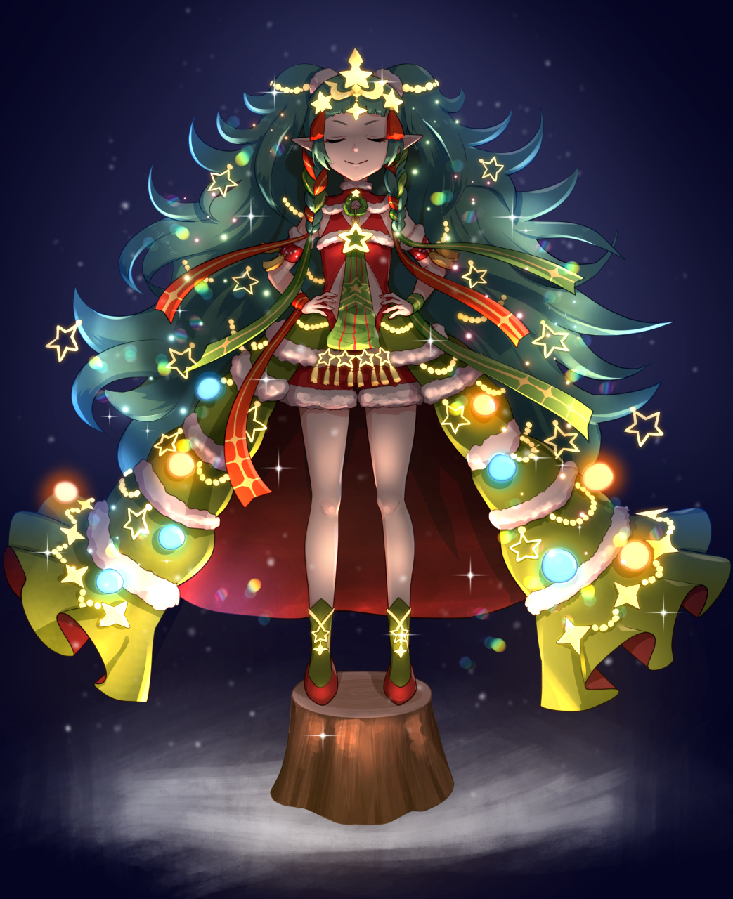 1girl, armband, bare_legs, big_hair, braid, christmas, christmas_lights, christmas_tree