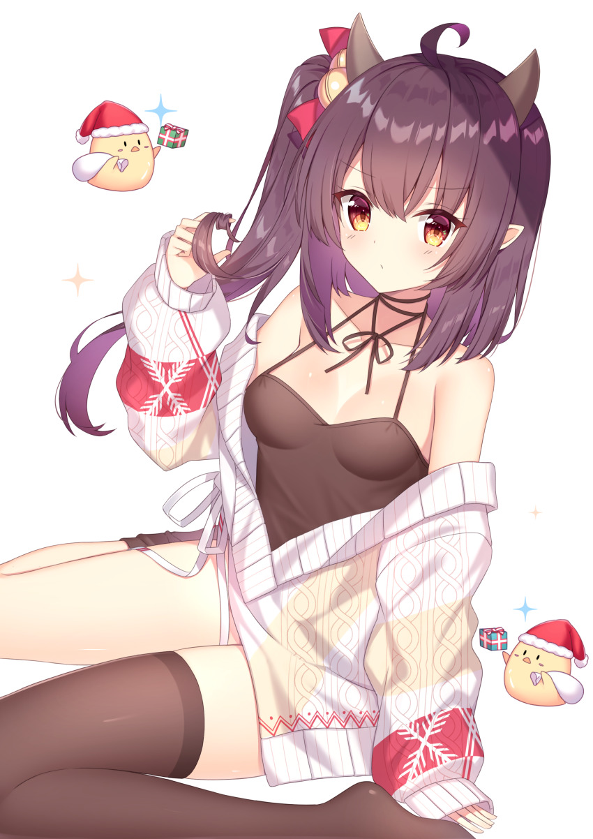 1girl, absurdres, ahoge, aran_sweater, azur_lane, bare_shoulders, bell, black_hair