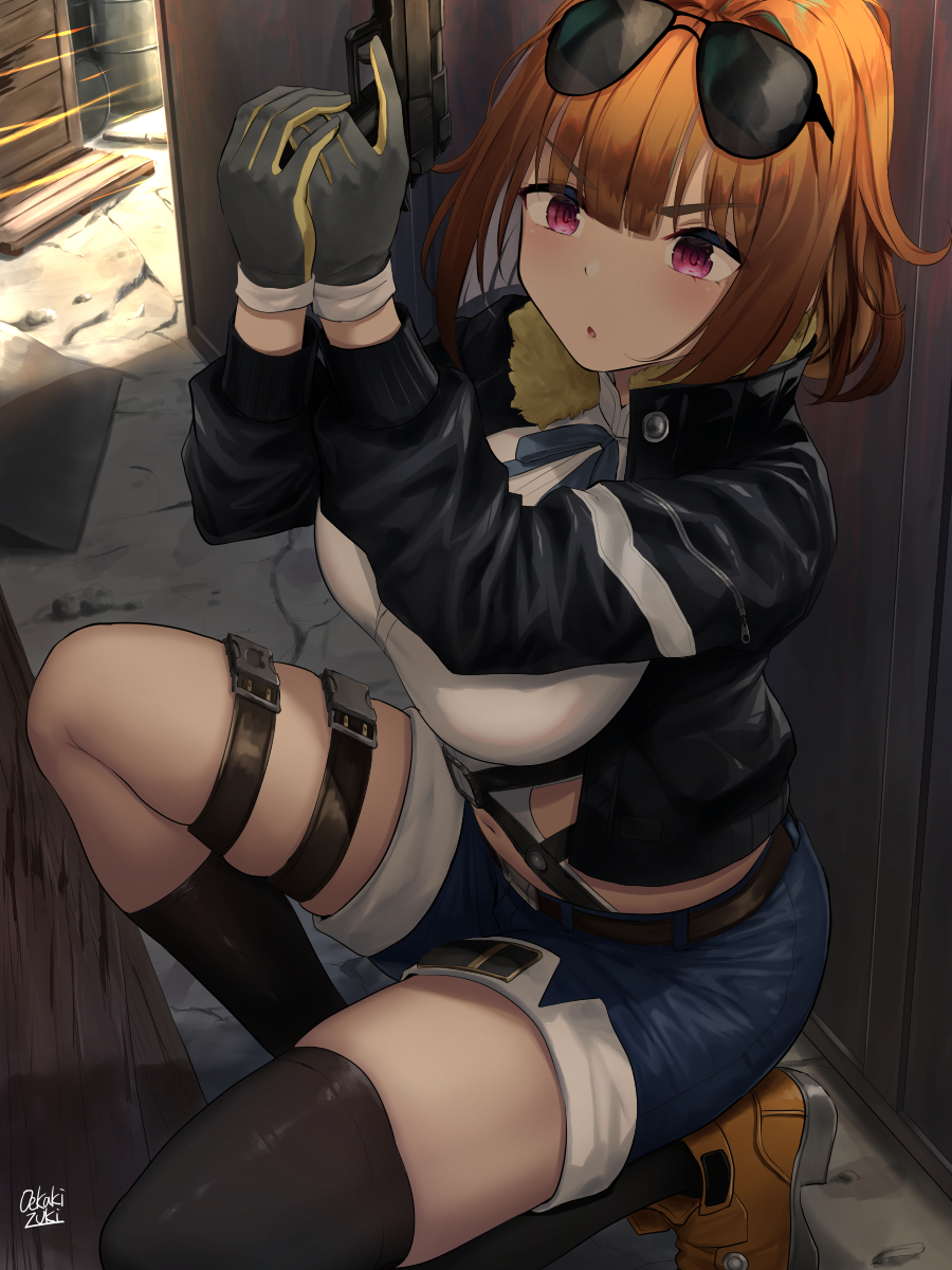 1girl, :o, artist_name, asymmetrical_legwear, aviator_sunglasses, belt, black_socks, blouse, blue_ribbon, blush, breasts, brown_footwear, brown_hair, denim, denim_shorts, eyewear_on_head, female_focus, fur_trim, girls'_frontline, gloves, grizzly_mkv_(girls'_frontline), gun, highres, holding, holding_gun, holding_weapon, jacket, kneehighs, kneeling, l.a.r._manufacturing, lar_grizzly_win_mag, large_breasts, long_sleeves, mismatched_legwear, neck_ribbon, oekakizuki, on_one_knee, red_eyes, ribbon, shirt, short_hair, shorts, single_kneehigh, single_sock, socks, solo, sunglasses, thighhighs, weapon, white_shirt