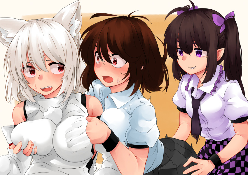 3girls, absurdres, animal_ears, ass_grab, bad_id, bad_pixiv_id, bare_shoulders, black_hair