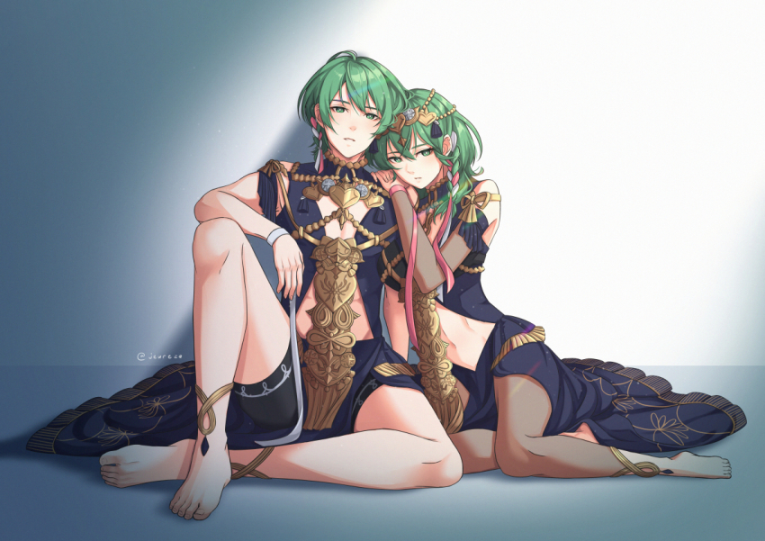 1boy, 1girl, aequorine, barefoot, female_byleth_(fire_emblem), male_byleth_(fire_emblem), closed_eyes, feet