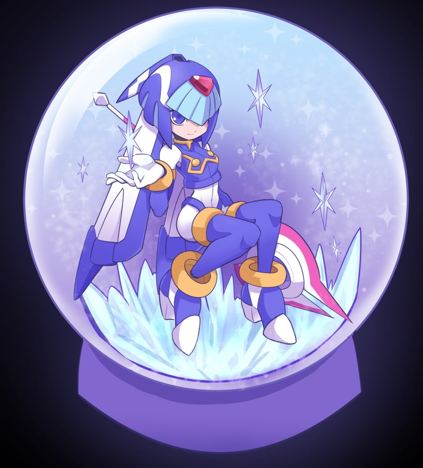 1girl, android, blue_eyes, boots, fairy_leviathan_(mega_man), female_focus, helmet, high_heels