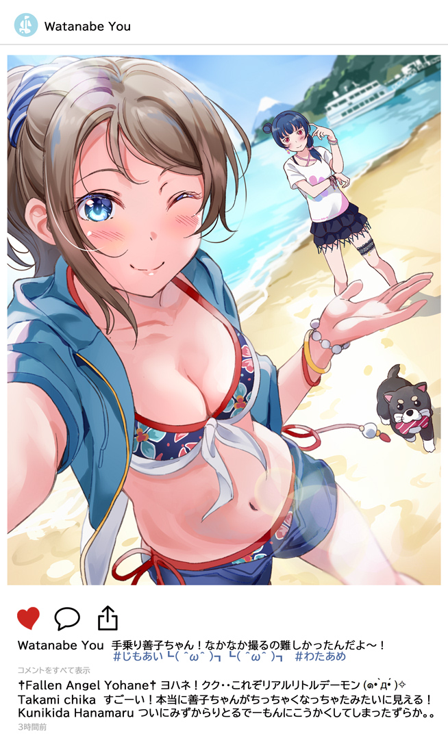2girls, ;), animal, anko_(love_live!), beach, bikini, bikini_under_clothes, black_shirt