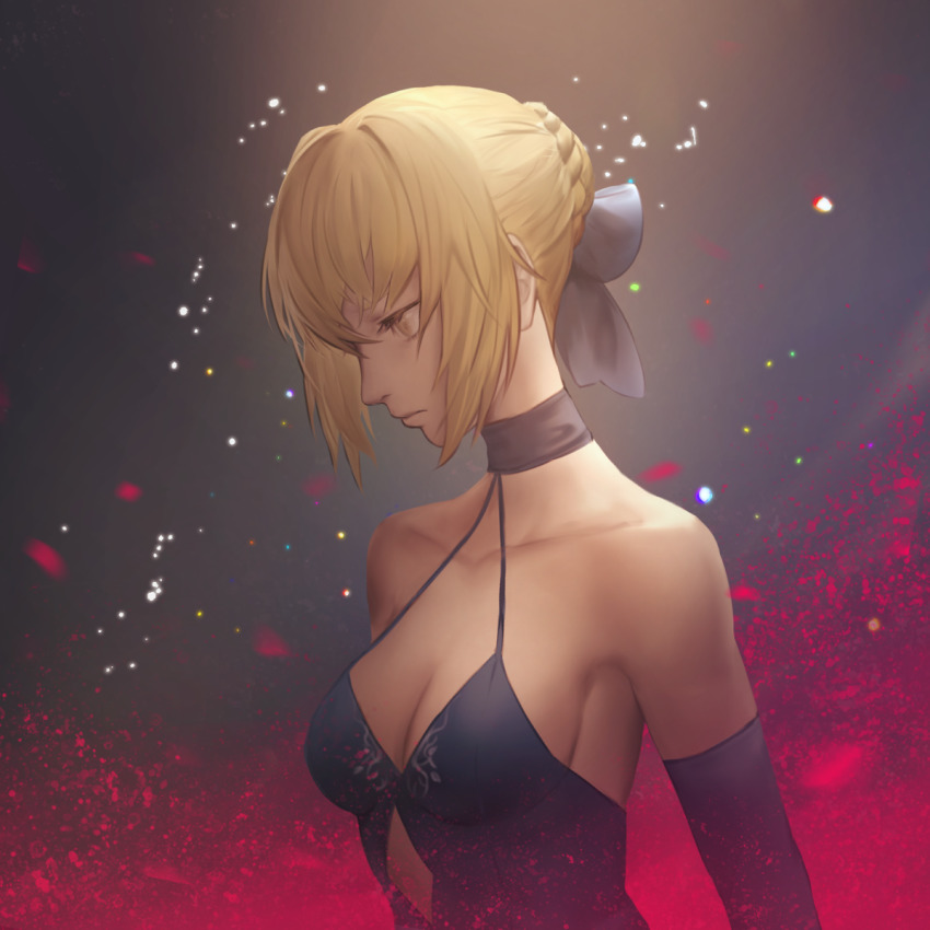 1girl, artoria_pendragon_(fate), bad_id, bad_pixiv_id, bare_shoulders, blonde_hair, blue_ribbon, braid