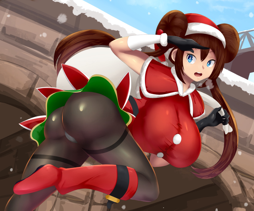 1girl, ass, bare_shoulders, blue_eyes, boots, breasts, brown_hair, christmas, female_focus, from_behind, gloves, hat, highres, huge_ass, long_hair, looking_at_viewer, nintendo, open_mouth, pantyhose, pokemon, pokemon_masters_ex, rosa_(holiday_2019)_(pokemon), rosa_(pokemon), sana!rpg, santa_costume, santa_hat, shiny_clothes, sideboob, skirt, solo, twintails, very_long_hair