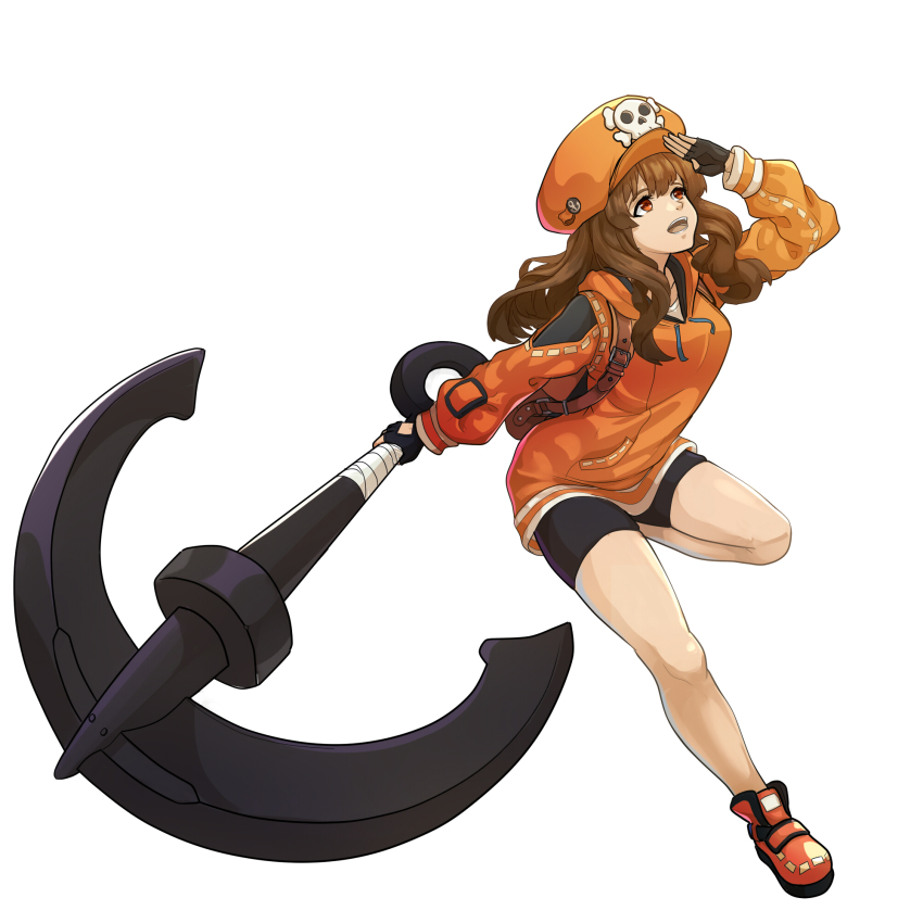 1am, 1girl, anchor, ankle_boots, backpack, bag, bike_shorts, black_gloves, black_shorts, boots, breasts, brown_hair, commentary_request, female_focus, fingerless_gloves, full_body, gloves, guilty_gear, guilty_gear_strive, hat, highres, holding, holding_weapon, hood, hood_down, hoodie, huge_weapon, leg_up, long_hair, making-of_available, may_(guilty_gear), medium_breasts, open_mouth, orange_boots, orange_eyes, orange_hat, orange_hoodie, pirate_hat, running, shading_eyes, shorts, skull_and_crossbones, solo, weapon, white_background