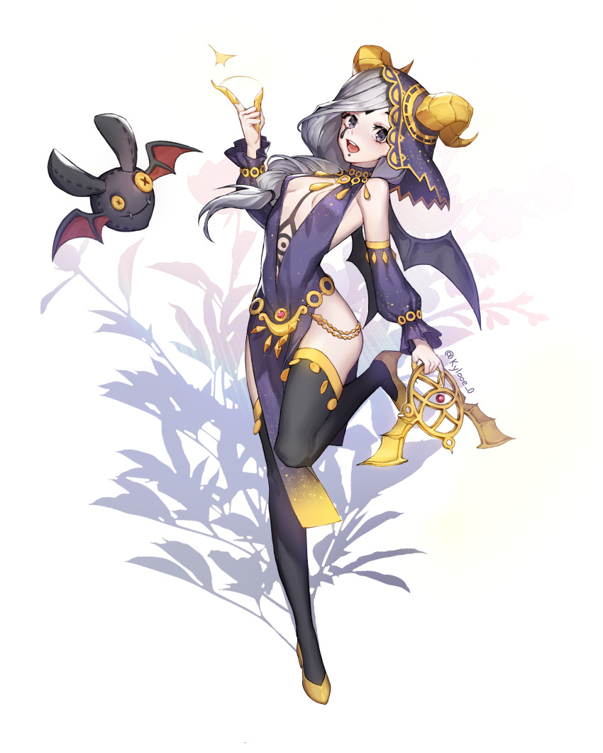 1girl, :d, absurdres, artist_name, bat_(animal), black_legwear, blue_eyes, breasts