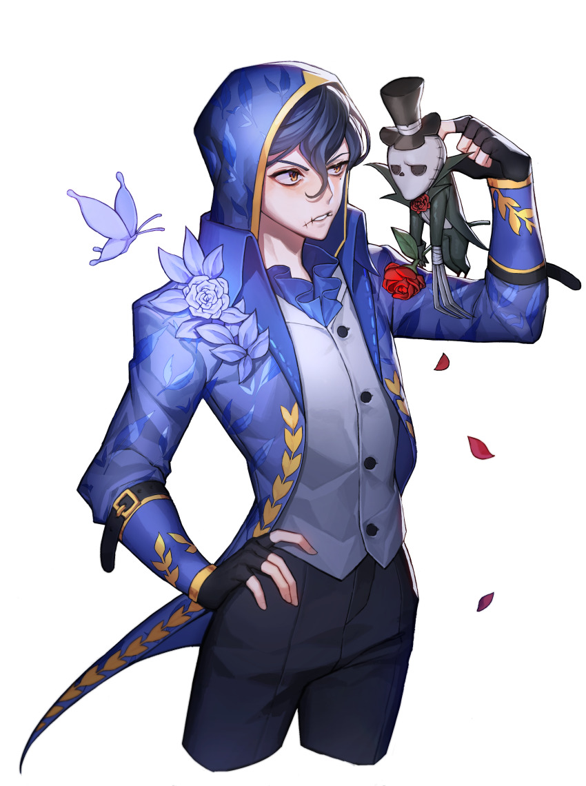 1boy, 2boys, absurdres, alternate_costume, arm_belt, blue_butterfly, brown_eyes, bug