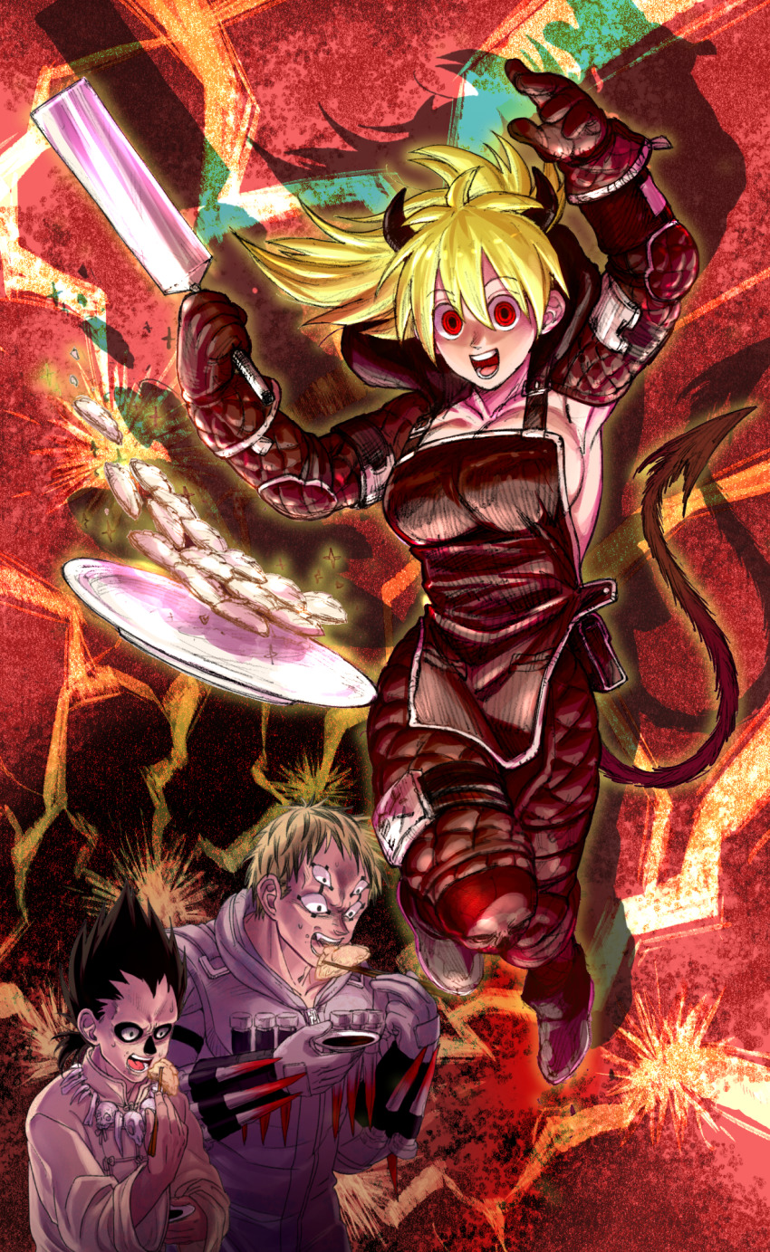 1girl, 2boys, apron, black_hair, blonde_hair, bone, breasts, chopsticks