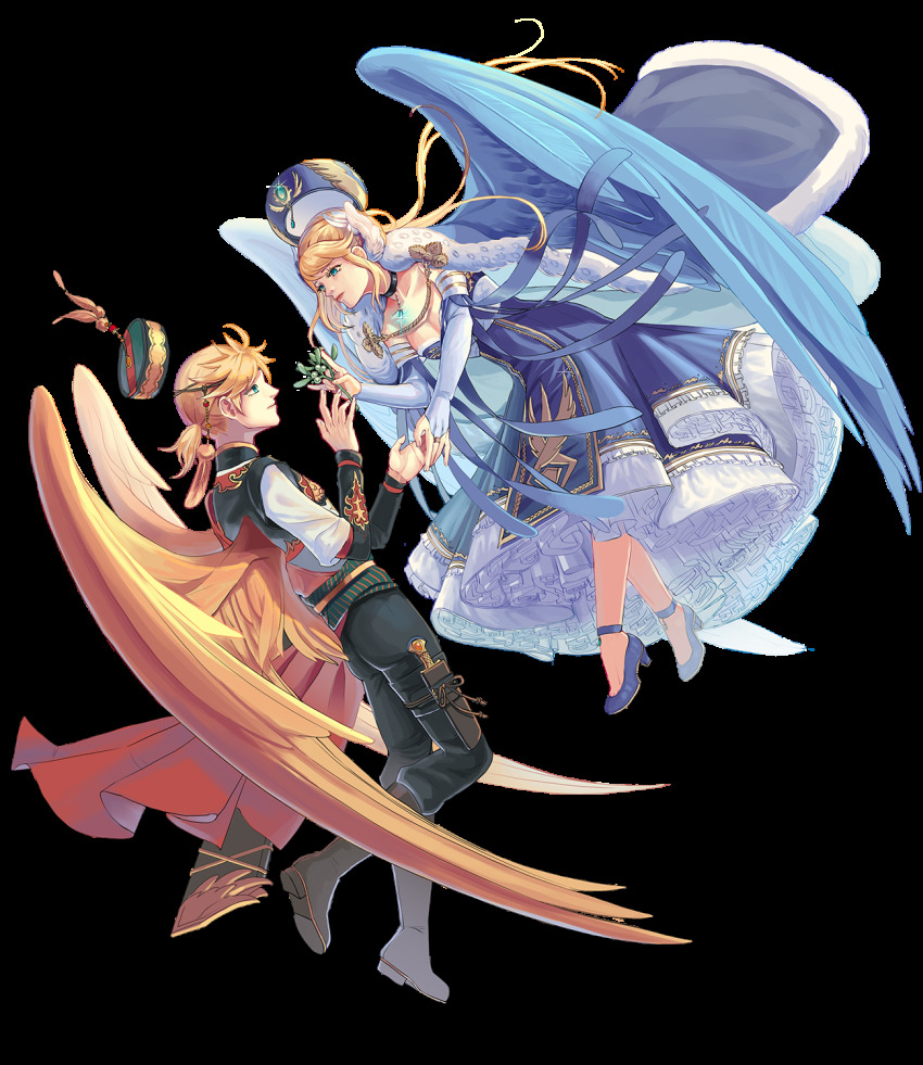 1boy, 1girl, \n/, aiguillette, alternate_hair_length, alternate_hairstyle, ankle_strap, aqua_eyes, bare_shoulders, black_pants, blouse, blue_cape, blue_dress, blue_footwear, blue_headwear, blue_ribbon, blue_wings, boots, braid, breasts, bridal_gauntlets, brother_and_sister, brown_footwear, cape, chain, chenovellia, choker, cleavage, closed_mouth, commentary_request, detached_sleeves, dress, feather_hair_ornament, feathers, flying, frills, full_body, fur-trimmed_cape, fur_trim, gem, giving, glint, hair_ornament, hat, hat_feather, hat_loss, unworn_hat, unworn_headwear, high_heels, highres, holding, holster, jewelry, kagamine_len, kagamine_rin, layered_sleeves, long_hair, long_sleeves, pants, pants_tucked_in, pendant, petticoat, ponytail, profile, ribbon, royal_robe, sash, shirt, shoe_soles, short_over_long_sleeves, short_sleeves, short_sword, siblings, sidelocks, smile, sword, thigh_holster, transparent_background, twins, vest, vocaloid, waist_cape, weapon, white_shirt, wings, yellow_wings