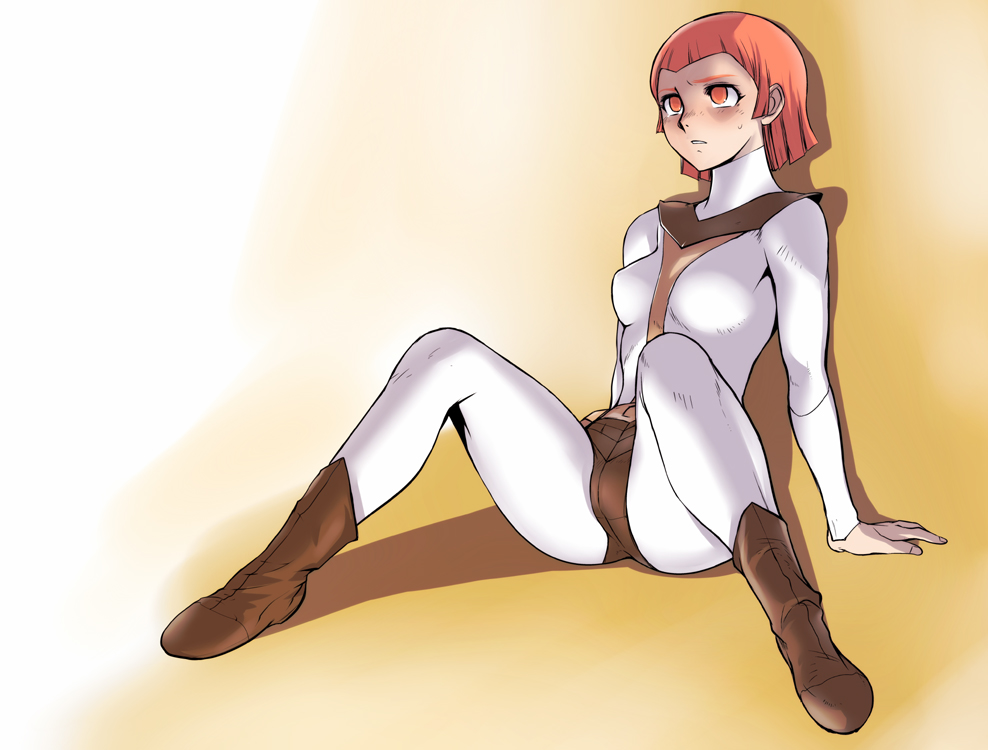 1girl, bodysuit, boots, densetsu_kyojin_ideon, ez6, female_focus, full_body, mayaya_rau, no_pupils, orange_eyes, short_hair, sitting, solo, spread_legs, tagme