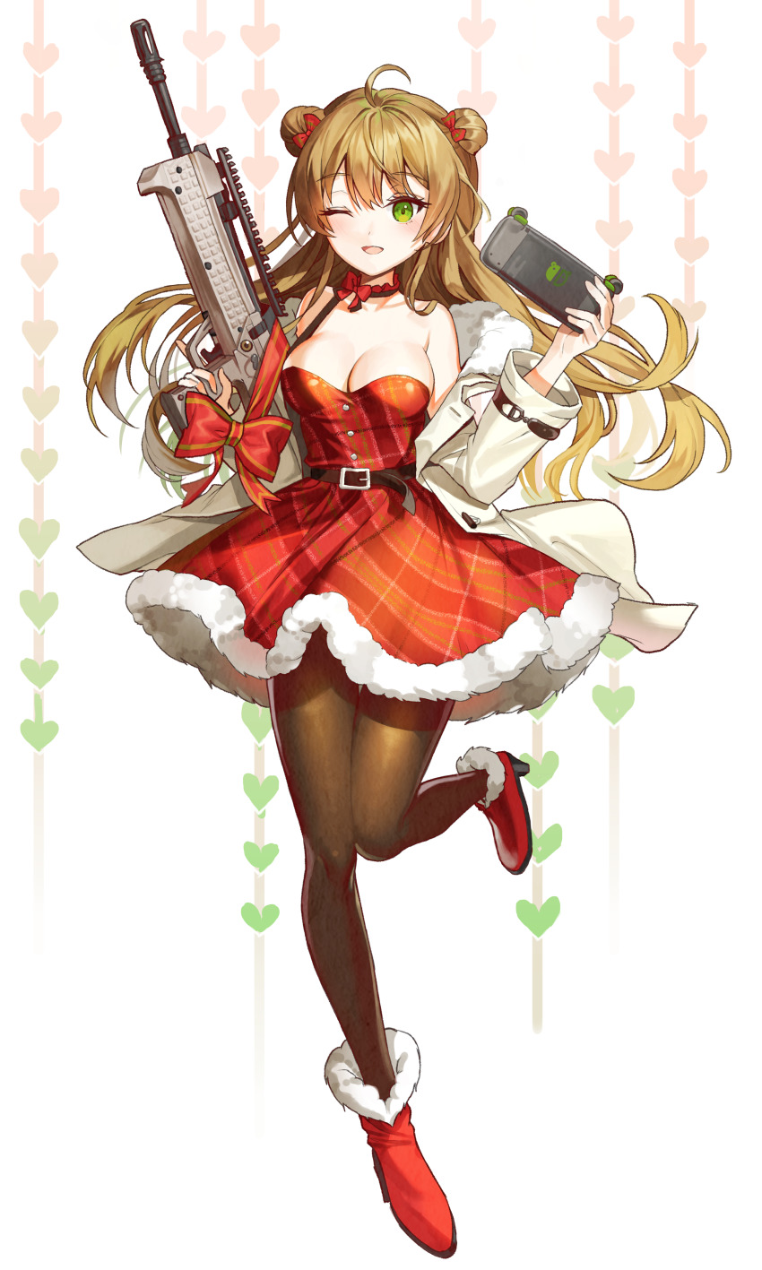 1girl, ;d, absurdres, ahoge, bare_shoulders, belt, belt_buckle, bow