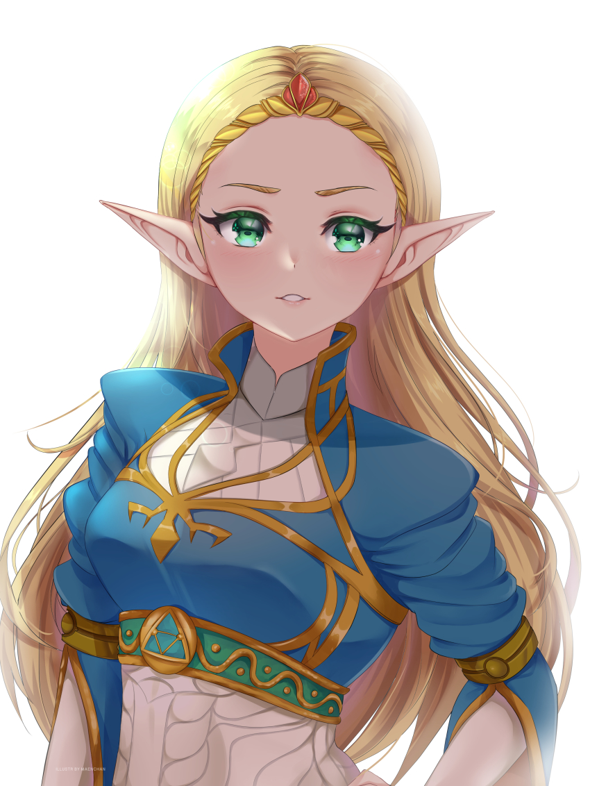 1girl, absurdres, artist_name, backlighting, blonde_hair, blush, breasts, circlet, colored_eyelashes, commentary, english_commentary, eyelashes, female_focus, forehead, gem, highres, lens_flare, long_hair, long_sleeves, maen.chan, medium_breasts, nintendo, pointy_ears, princess_zelda, simple_background, solo, straight_hair, the_legend_of_zelda, the_legend_of_zelda:_breath_of_the_wild, triforce, upper_body, v-shaped_eyebrows, very_long_hair, white_background