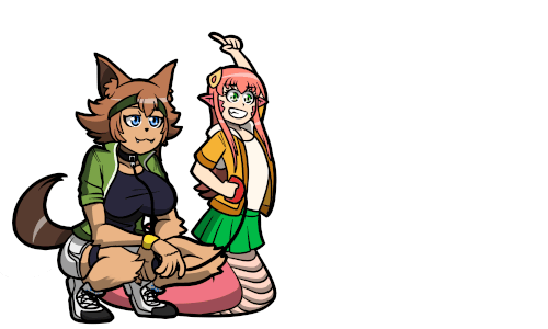 2girls, animal_ears, animated, animated_gif, blue_eyes, breasts, brown_hair, child, collar, commentary, dog_ears, dog_girl, dog_tail, faceplant, furry, furry_female, green_eyes, green_skirt, hair_ornament, hairclip, janusjan, kobold, lamia, large_breasts, leash, long_hair, lowres, mika_(miiafag), monster_girl, monster_musume_no_iru_nichijou, multiple_girls, pleated_skirt, pointy_ears, polt, red_hair, shoes, simple_background, skirt, sneakers, tail, white_background