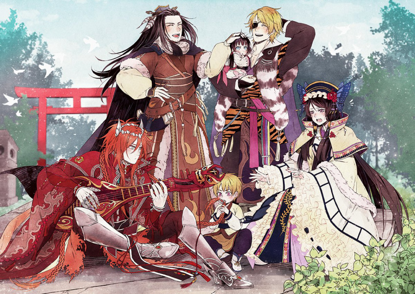 2girls, 3boys, black_hair, blonde_hair, blue_butterfly, bug, butterfly, butterfly_hair_ornament