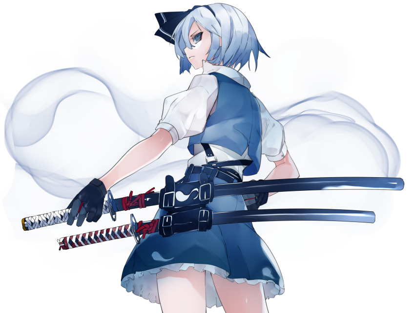 1girl, belt, belt_buckle, black_belt, black_gloves, black_hairband, black_ribbon, blue_eyes