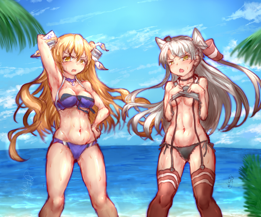 2girls, amatsukaze_(kancolle), beach, bikini, black_panties, blue_bikini, blue_sky, breasts
