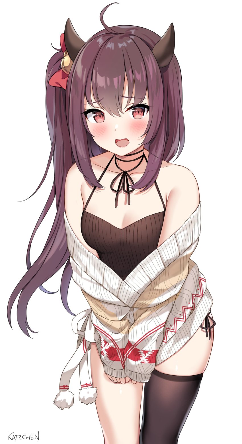 1girl, absurdres, armpit_crease, artist_name, azur_lane, bare_shoulders, bell, blush, bow, breasts, brown_hair, brown_thighhighs, collarbone, dress, embarrassed, female_focus, hair_bow, halterneck, highres, horns, isuzu_(azur_lane), isuzu_(cozy_christmas_eve)_(azur_lane), jingle_bell, kaetzchen, long_hair, long_sleeves, looking_at_viewer, medium_breasts, off-shoulder_sweater, off_shoulder, open_mouth, red_eyes, ribbed_shirt, ribbed_sweater, shirt, side_ponytail, single_thighhigh, sleeveless, sleeveless_shirt, solo, spaghetti_strap, standing, sweater, sweater_dress, thighhighs, v_arms, white_background