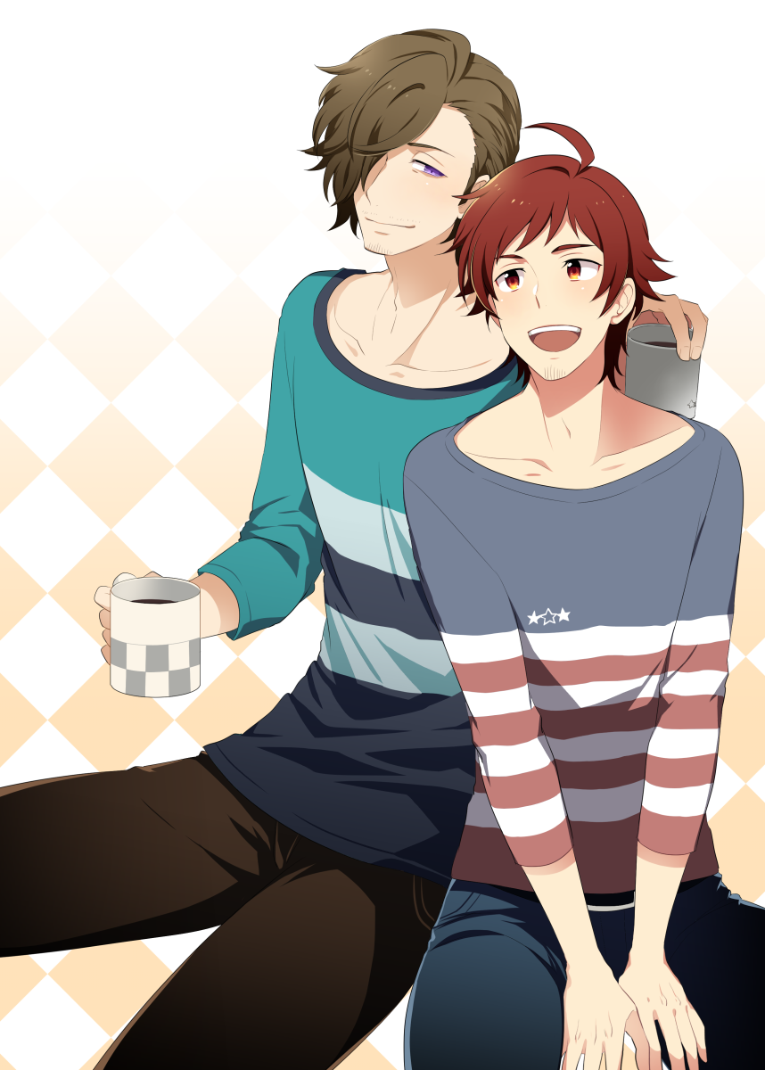 2boys, :d, ahoge, argyle_background, argyle_clothes, bad_id, bad_pixiv_id, black_pants
