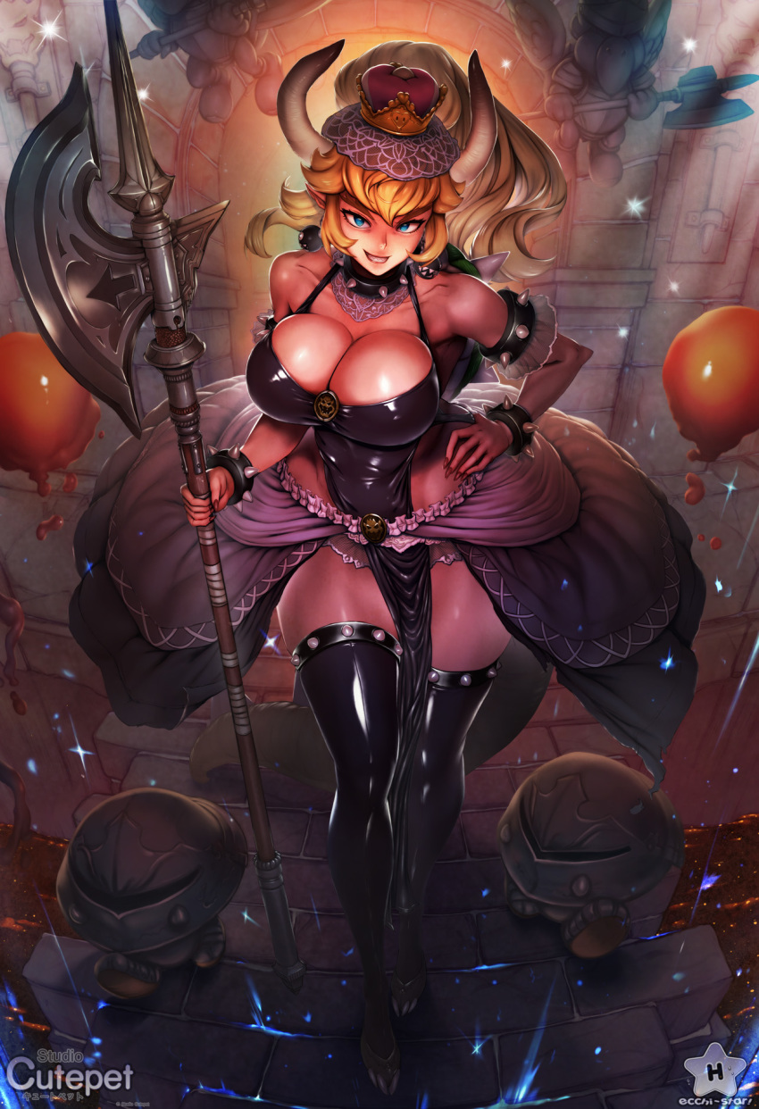 1girl, armlet, armor, black_collar, black_dress, black_thighhighs, blonde_hair, blue_eyes, bob-omb, bowsette, bracelet, breasts, brooch, cleavage, clothing_cutout, collar, collarbone, crown, cutepet, detached_collar, dress, earrings, fingernails, forked_eyebrows, goomba, grin, halberd, hand_on_own_hip, highres, hip_vent, holding, holding_weapon, horns, impossible_clothes, impossible_dress, jewelry, koopa_troopa, lace, large_breasts, latex, latex_dress, latex_legwear, long_hair, mario_(series), narrow_waist, new_super_mario_bros._u_deluxe, nintendo, pelvic_curtain, pointy_ears, polearm, ponytail, seamed_legwear, sharp_fingernails, sharp_teeth, showgirl_skirt, smile, solo_focus, spiked_armlet, spiked_bracelet, spiked_collar, spiked_shell, spiked_tail, spiked_thighlet, spikes, super_crown, tail, teeth, thick_eyebrows, thighhighs, thighs, turtle_shell, walking, watermark, weapon, wide_hips