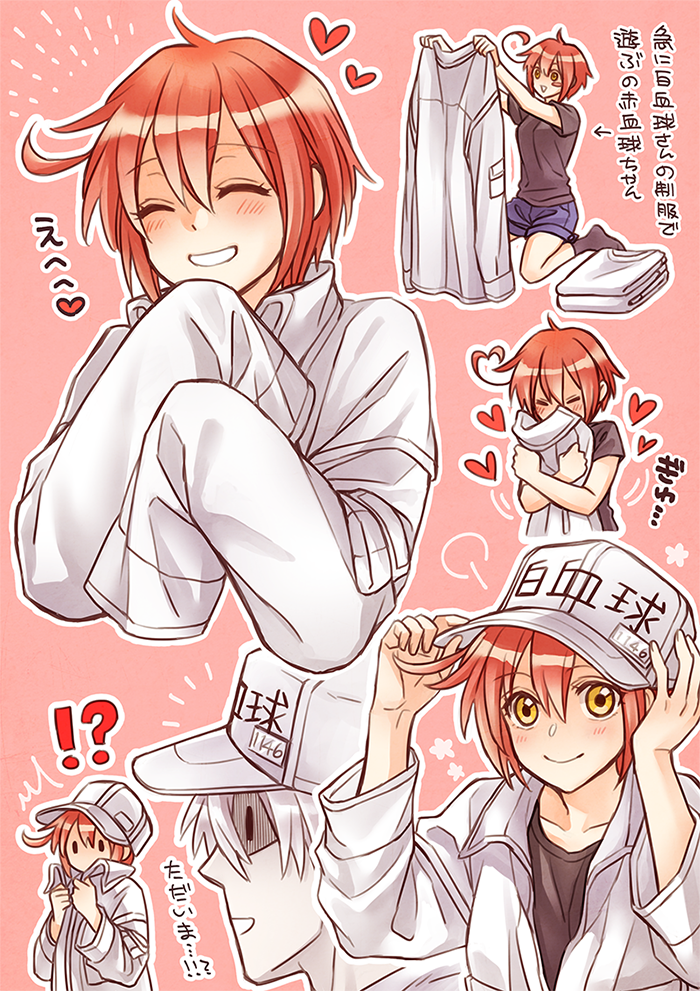 !?, 1boy, 1girl, ae-3803, ahoge, baseball_cap, black_footwear, black_shirt, blue_shorts, blush, blush_stickers, breasts, collared_shirt, colored_skin, cosplay, denim, denim_shorts, grin, hair_between_eyes, hat, hataraku_saibou, heart, heart_ahoge, hollow_eyes, laughing, long_sleeves, looking_at_another, looking_at_viewer, medium_breasts, misuki_op1155, name_tag, pink_background, red_blood_cell_(hataraku_saibou), red_hair, shaded_face, shirt, short_hair, short_shorts, shorts, simple_background, sitting, sleeves_past_wrists, smile, socks, star_(symbol), ^^^, t-shirt, teeth, translated, u-1146, u-1146_(cosplay), uniform, wariza, white_blood_cell_(hataraku_saibou), white_blood_cell_(hataraku_saibou)_(cosplay), white_hair, white_headwear, white_shirt, white_skin, yellow_eyes