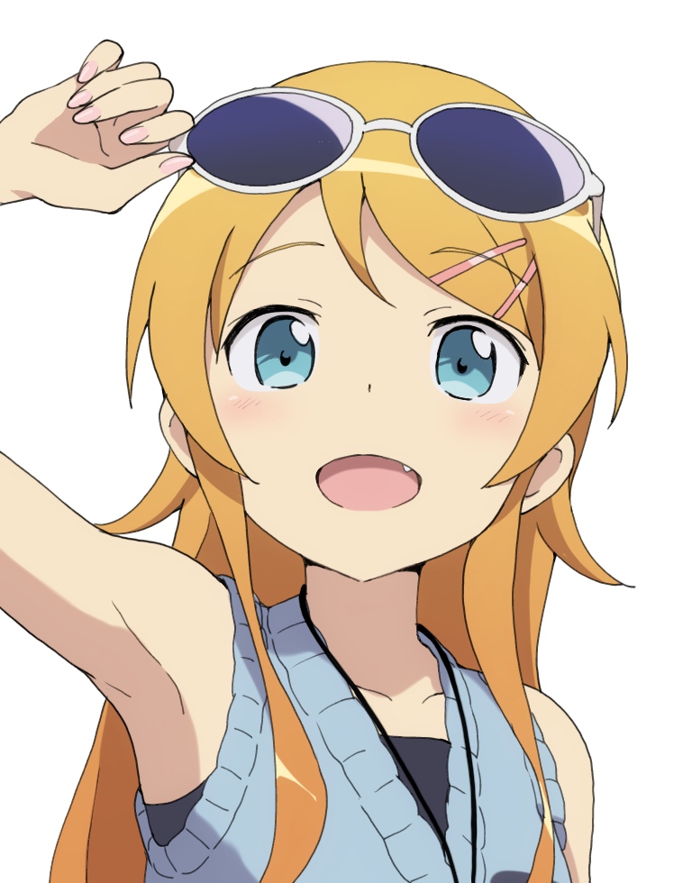 1girl, :d, arm_up, armpits, bare_shoulders, blonde_hair, blue_dress, blue_eyes