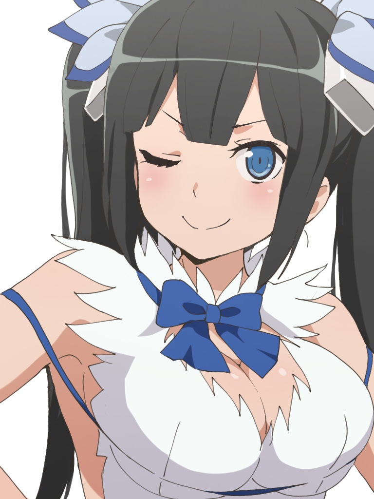 1girl, ;), bare_shoulders, black_hair, blue_bow, blue_eyes, blush, bow, breasts, cleavage, cleavage_cutout, closed_mouth, clothing_cutout, dress, dungeon_ni_deai_wo_motomeru_no_wa_machigatteiru_darou_ka, female_focus, hair_ornament, hestia_(danmachi), large_breasts, long_hair, one_eye_closed, rei_no_himo, simple_background, sleeveless, sleeveless_dress, smile, solo, tadanoshi_kabane, twintails, upper_body, v-shaped_eyebrows, white_background, white_dress