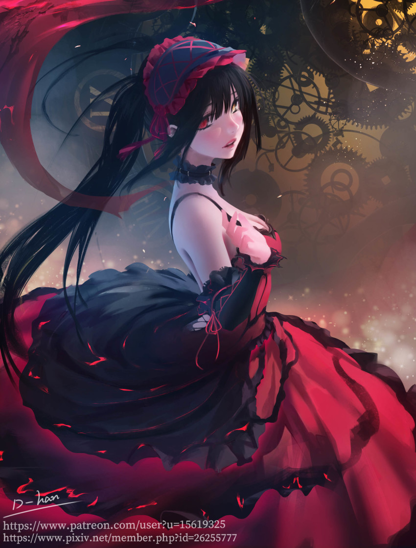 1girl, absurdres, artist_name, black_hair, blush, breasts, choker, circle_skirt