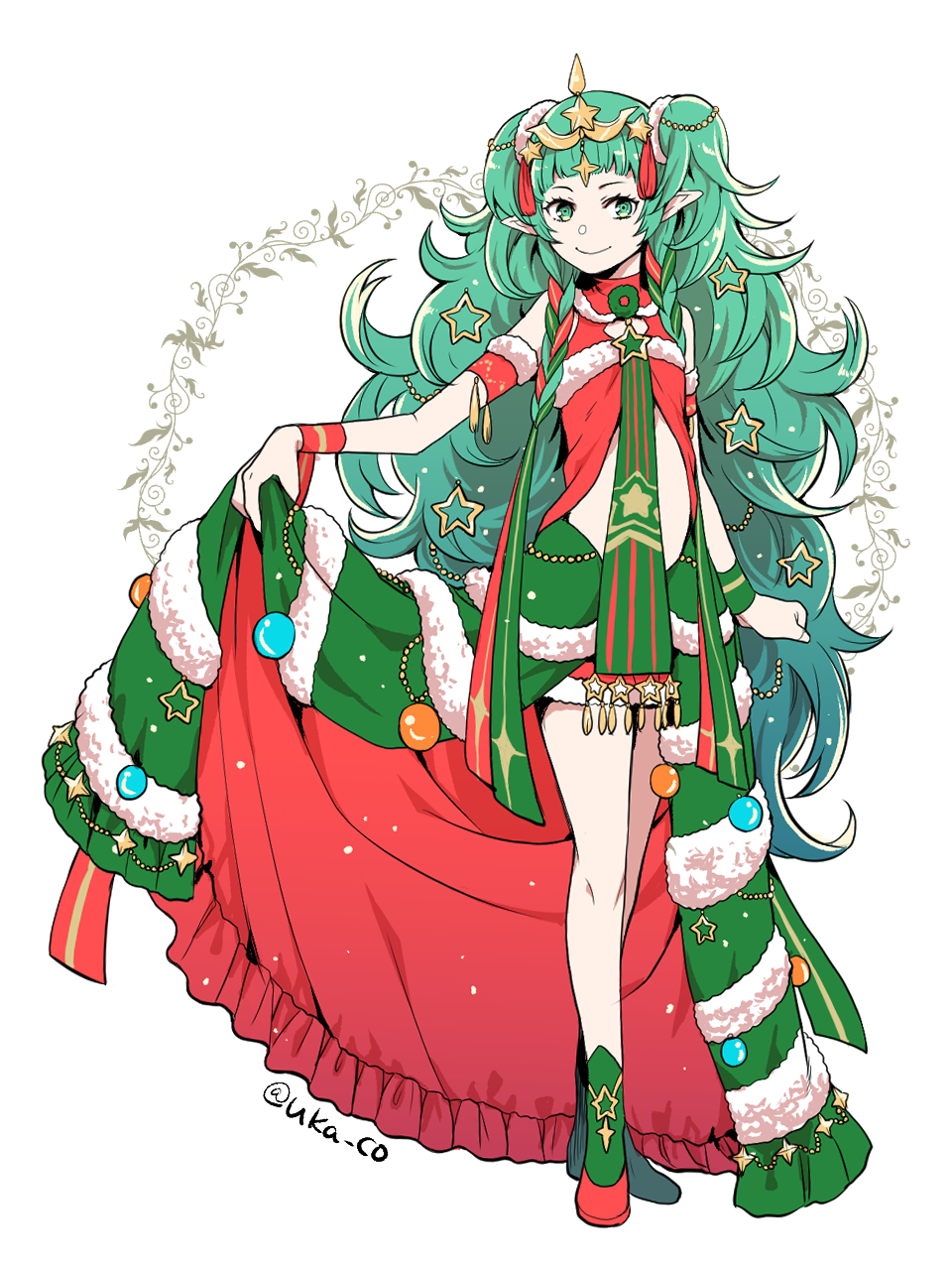 1girl, braid, christmas_ornaments, closed_mouth, cosplay, dress, female_focus, fire_emblem
