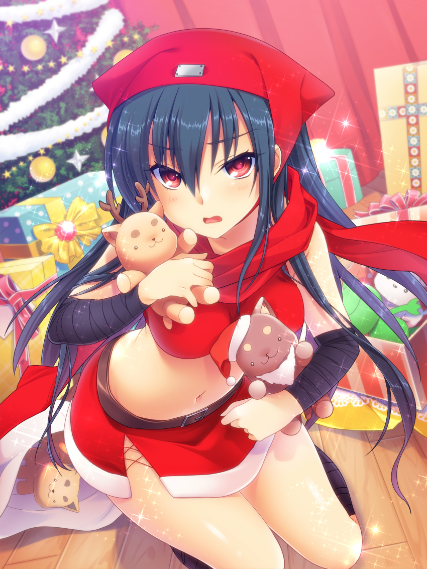 1girl, 6+others, angel_beats!, bandana, blue_hair, box, cat, christmas