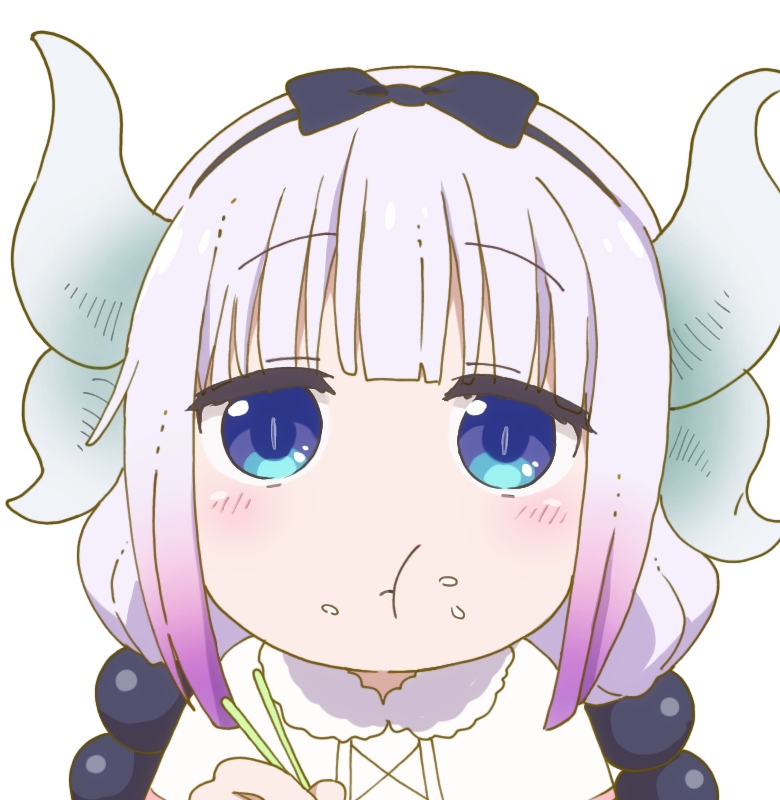 1girl, black_hairband, blue_eyes, blunt_bangs, chopsticks, dragon_girl, dragon_horns, eating
