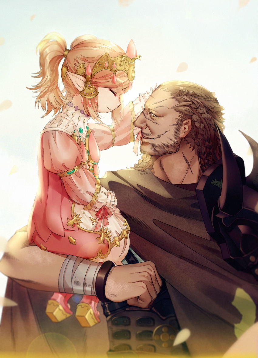 1boy, 1girl, bandaged_arm, bandaged_wrist, bandages, beard, blonde_hair, bracelet