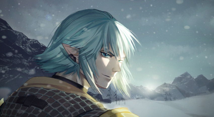 1boy, aqua_eyes, aqua_hair, blue_sky, closed_mouth, dama_(sindygao), elezen, elf