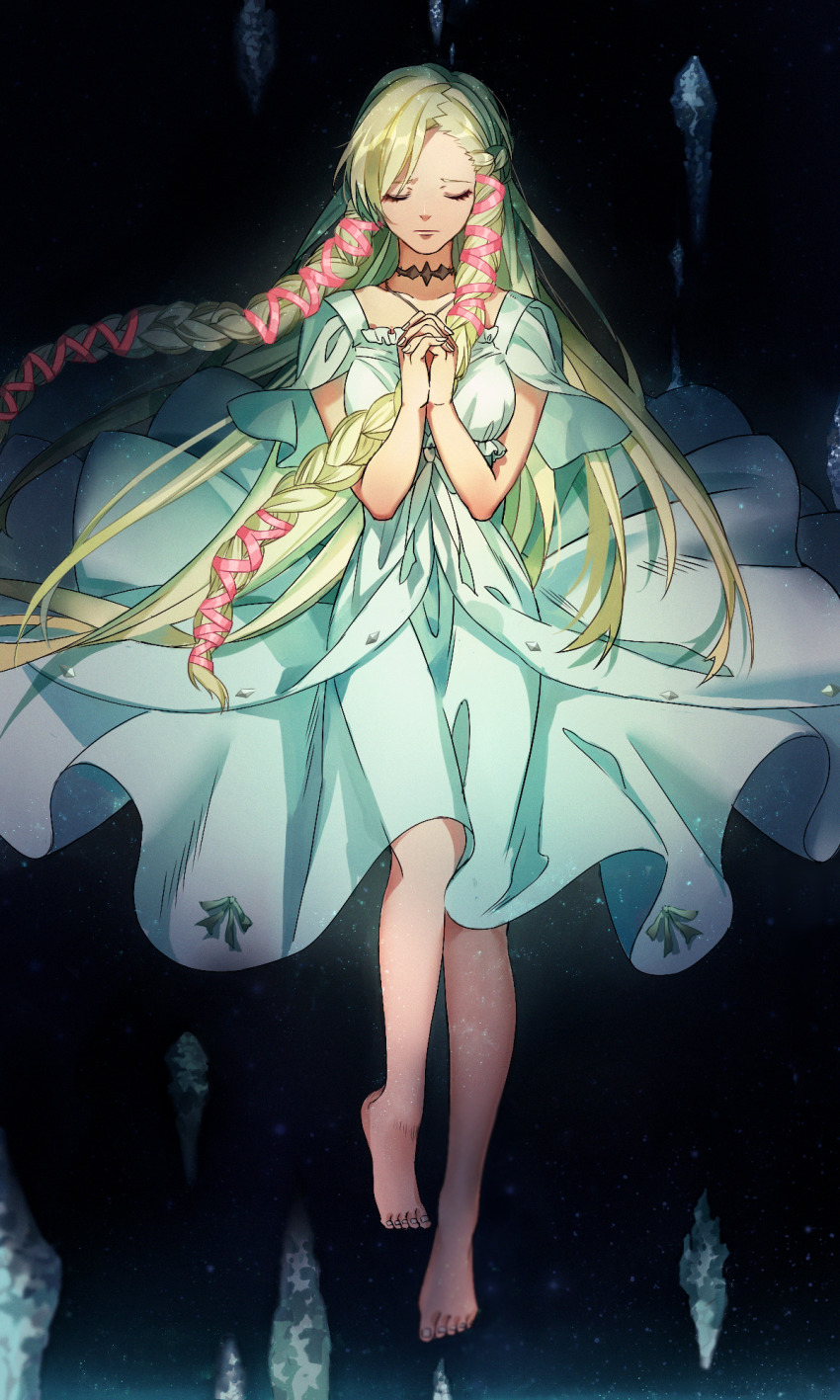 1girl, aqua_dress, asymmetrical_bangs, barefoot, blonde_hair, braid, breasts, choker