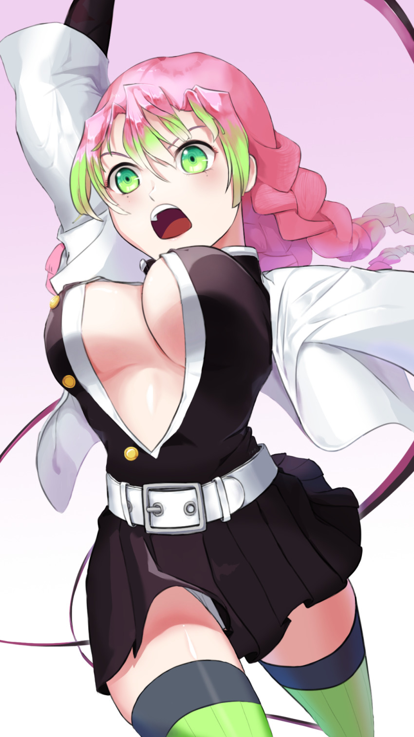 1girl, bad_id, bad_pixiv_id, belt, braid, breasts, cleavage, female_focus