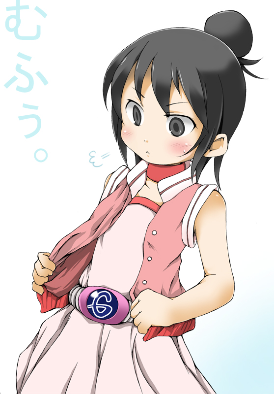 1girl, :<, bad_id, bad_pixiv_id, belt, black_eyes, black_hair, blush