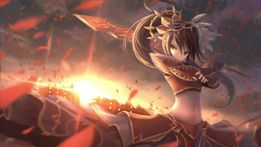 1girl, absurdres, armor, beads, black_gloves, black_hair, brave_frontier, breastplate, crop_top, diffraction_spikes, falling_leaves, faulds, feathers, female_focus, fingerless_gloves, gauntlets, gloves, gold_trim, hair_ornament, highres, holding, holding_sword, holding_weapon, huge_filesize, leaf, litkung, long_hair, long_skirt, looking_at_viewer, midriff, navel, ponytail, red_eyes, seria, signature, skirt, solo, stomach, sun, sunlight, sword, upper_body, weapon